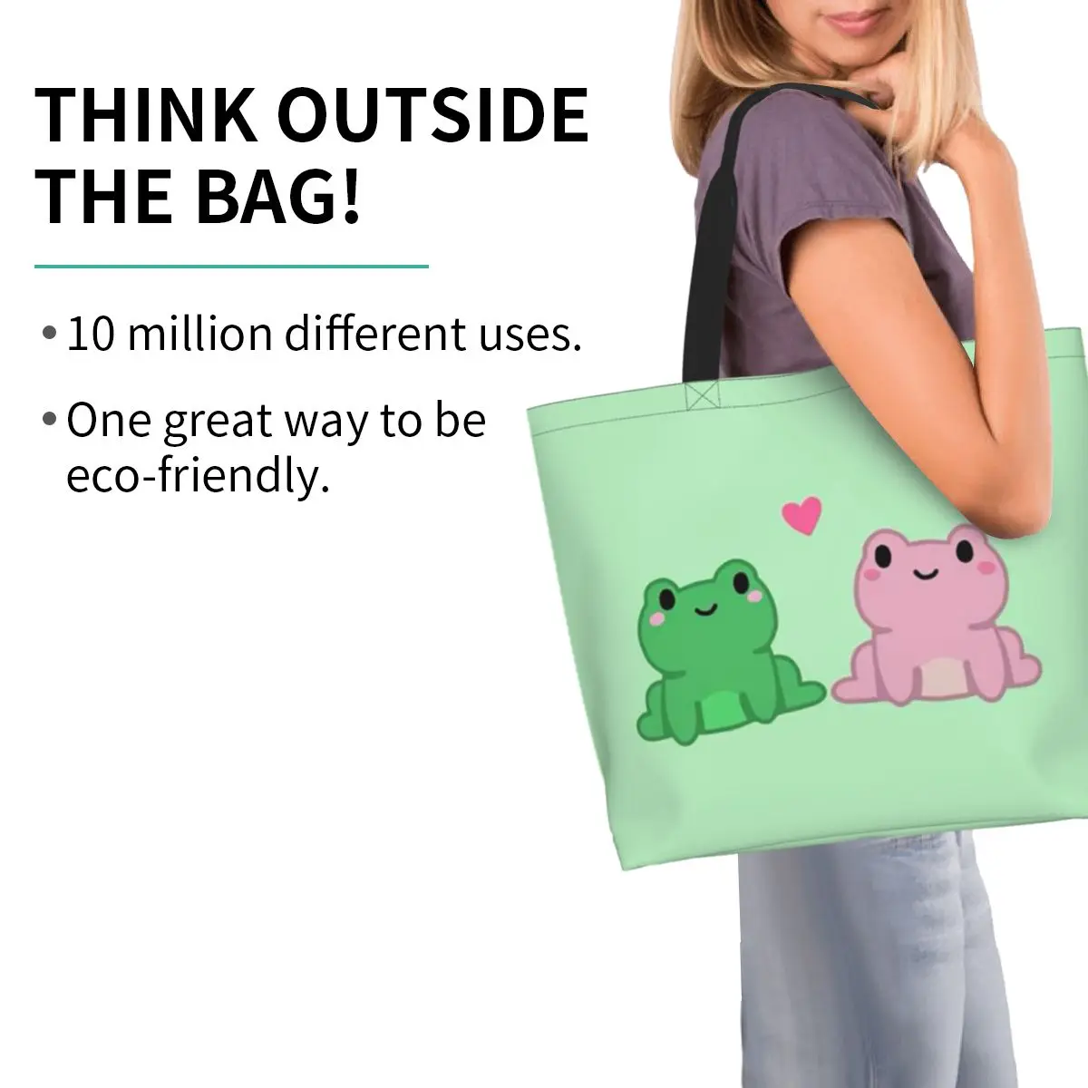 Two Frog Love Heart Cartoon Shopping Tote Bag Canvas Large Capacity Shoulder Bags Shopper Grocery Handbag for Women