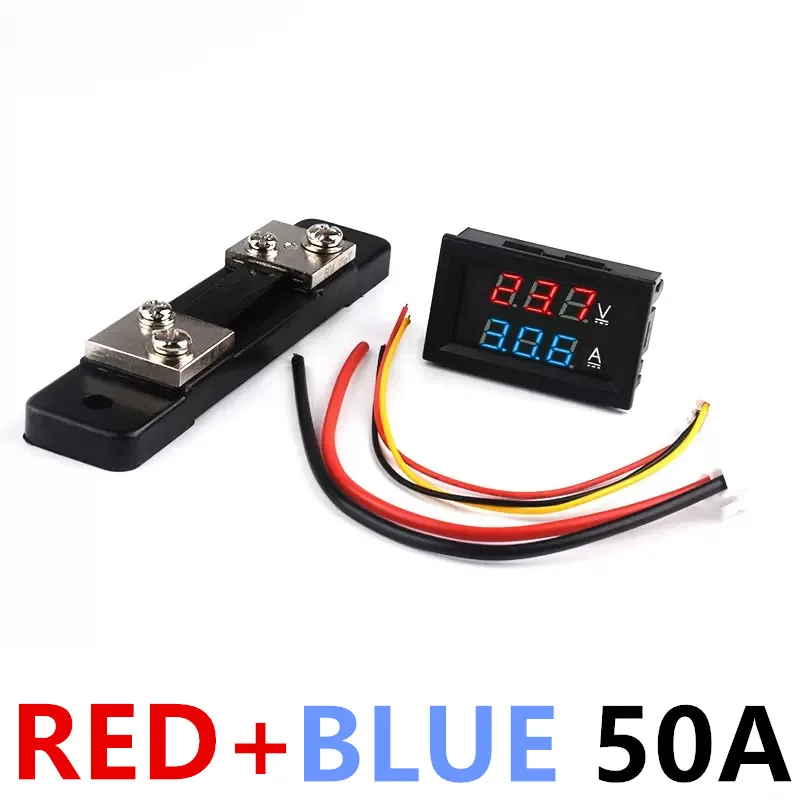 1set DC0-100V 50A LED Ammeter Voltmeter DC Dual Display A.V Digital Current Voltage Meter Red Blue+Current Diverter Kits