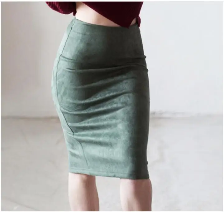 

Women Skirts Suede Solid Color Pencil Skirt Female Autumn Winter High Waist Bodycon Vintage Suede Split Thick Stretchy Skirt