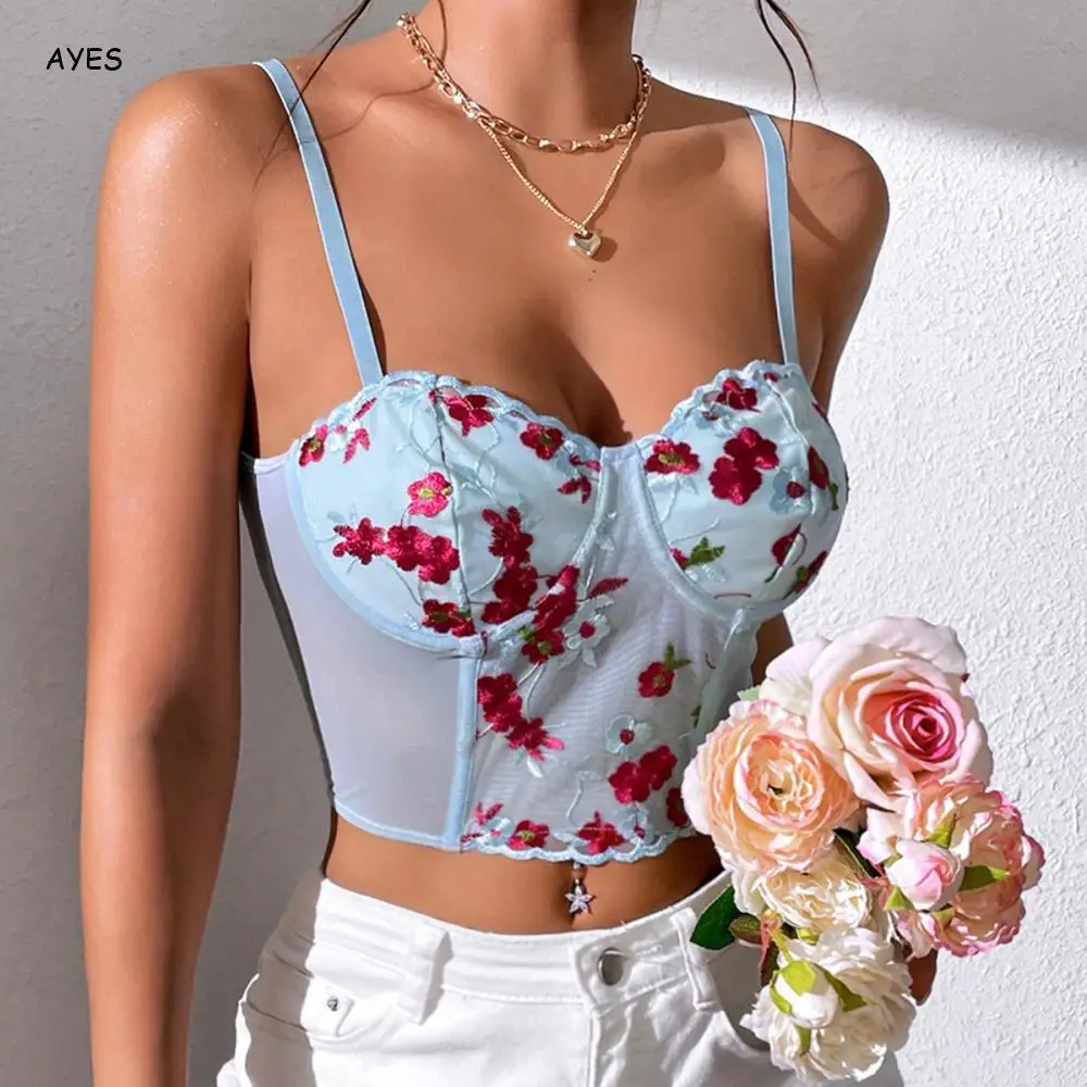 

Blue Floral Printed Sling-Back Top Slim Camisole Midriff-Baring Lace Trim Crop Top Sleeveless Ripped Cutout Vest Party Outerwear