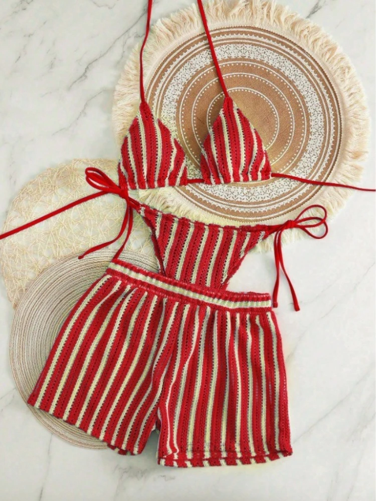 البوهيمي الكروشيه مجموعة البكيني 3 قطعة ملابس السباحة التستر الرباط عطلة الشاطئ الصيف النساء موضة 2025 جديد