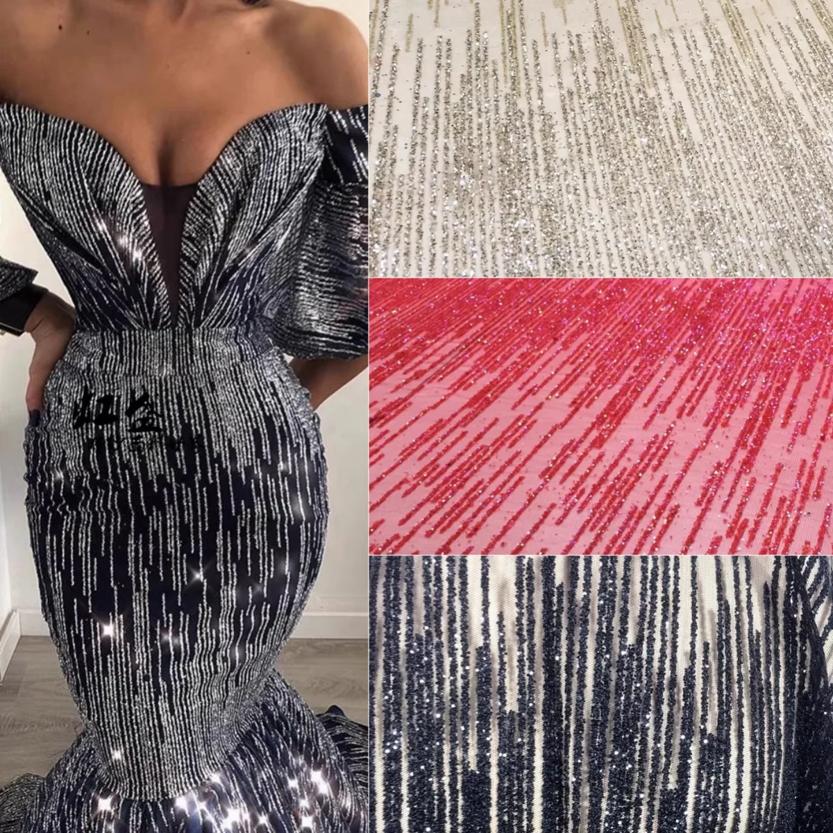 

Red black striped sequins hot stamping shiny fabric DIY wedding background decoration sewing dress decoration fabric