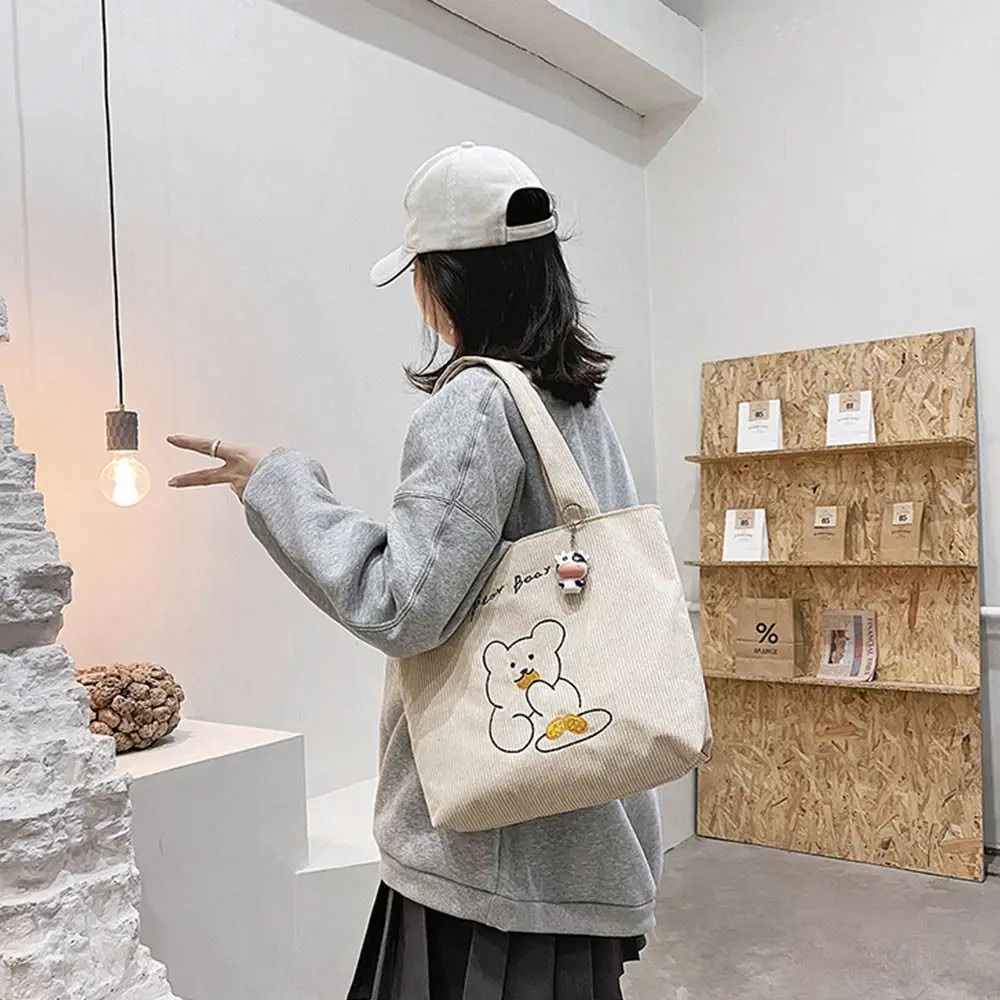 

New Corduroy Corduroy Shoulder Bag Casual Reusable Soft Tote High-capacity Cute Bear Handbag