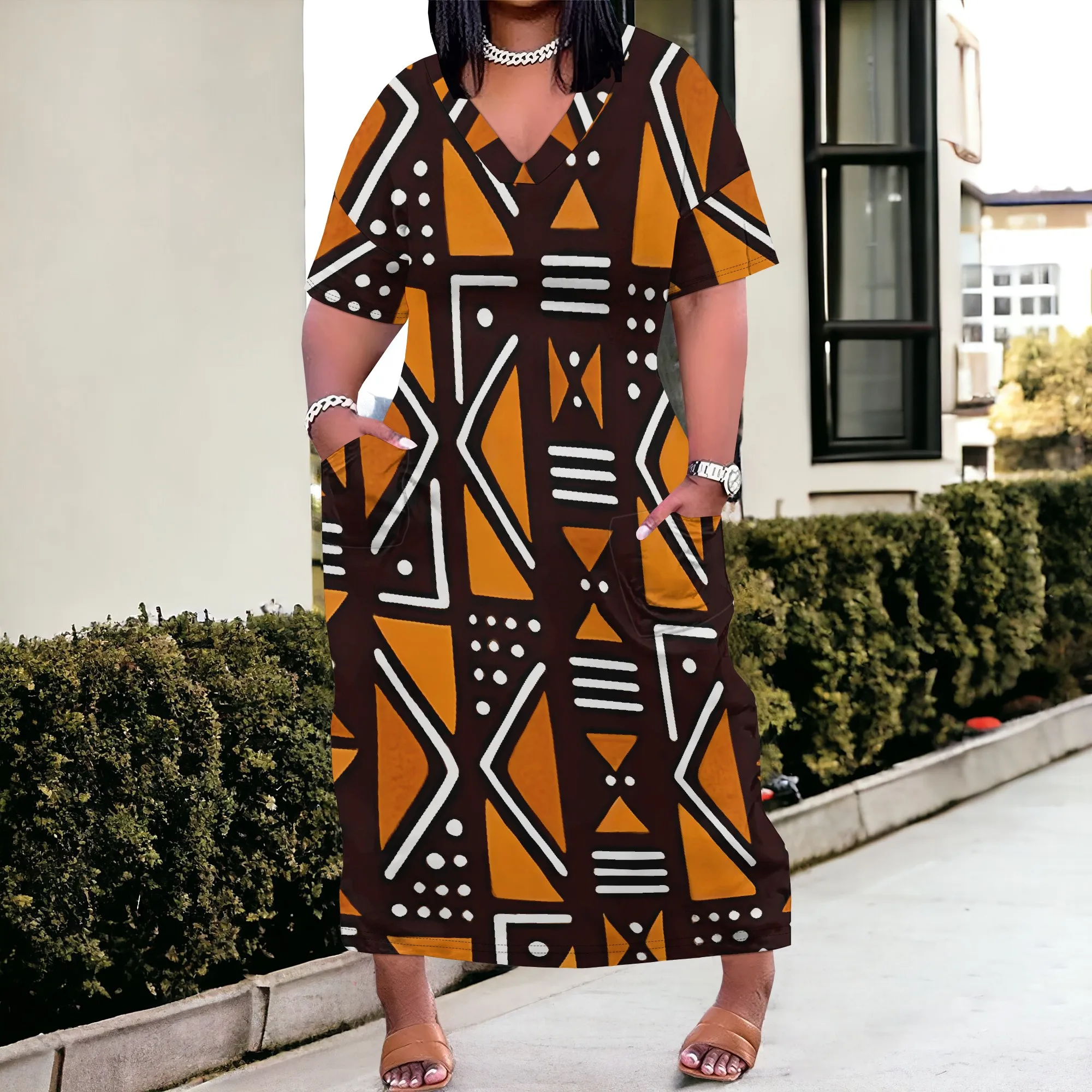 

Plus Size XL-6XL African Print Maxi Dress V Neck Short Sleeve Summer Dashiki Tribal Festival Outfit