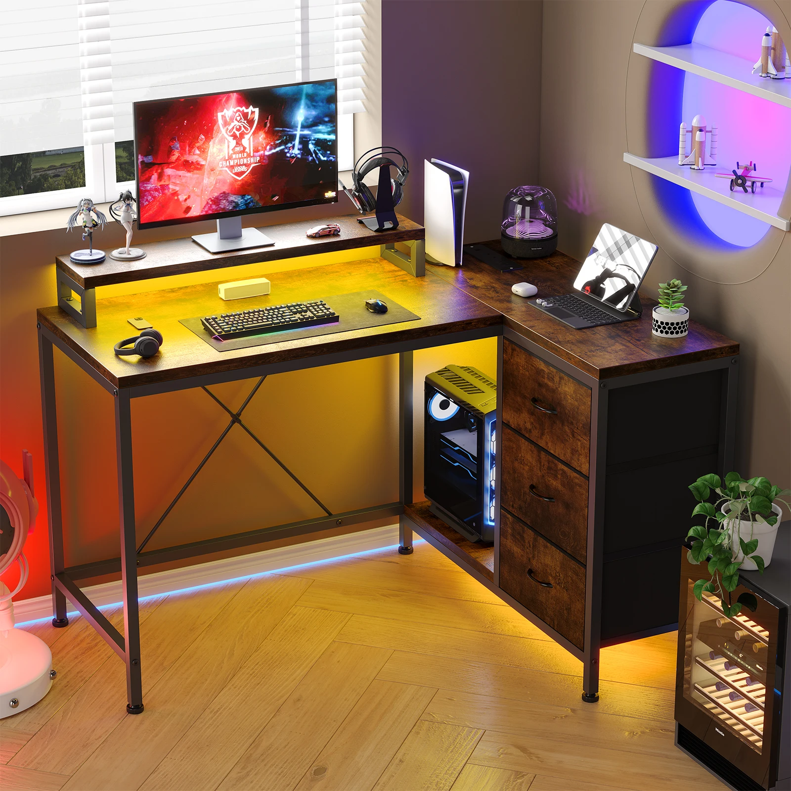 L Shaped Computer Desk with Power Outlets & LED Lights - 3 Drawers, Storage Shelves, Monitor Stand - Reversible Home Office Gaming Desk for Study or Work - Modern Corner Table