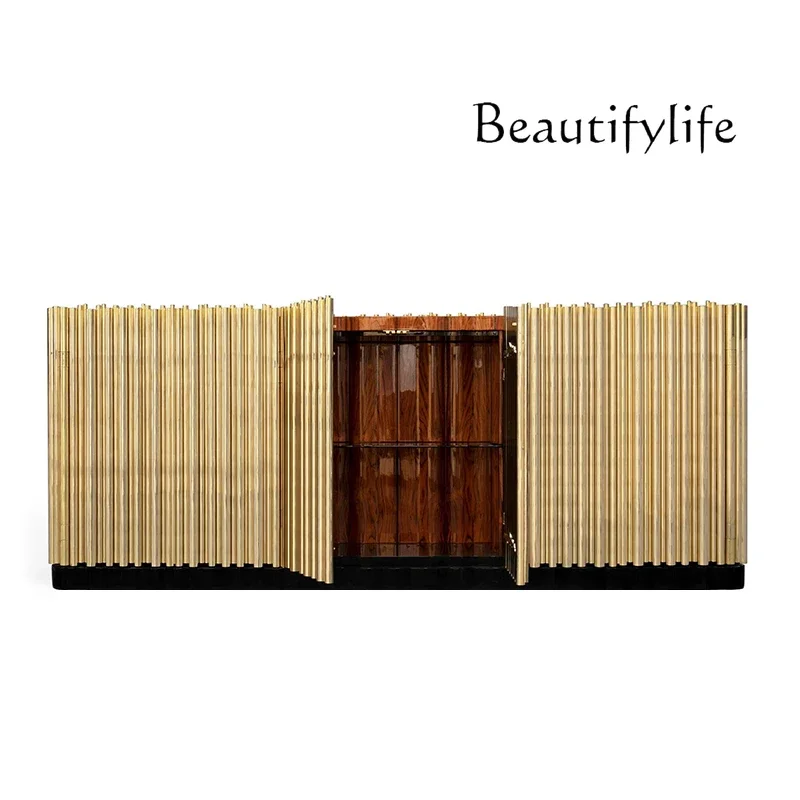 S Italian Light Luxury Stainless Steel Porch Cabinet Striped Tube Art Foyer Locker Living Room Model Room Dining Side Cabinet