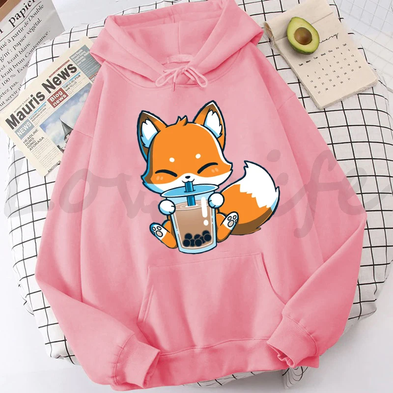 Fashion Boba Milk Tea Hoodies Korean Style Women Clothes Kawaii Sweatshirt Vintage Cartoon Fox Graphic Hoodie Harajuku Sudaderas