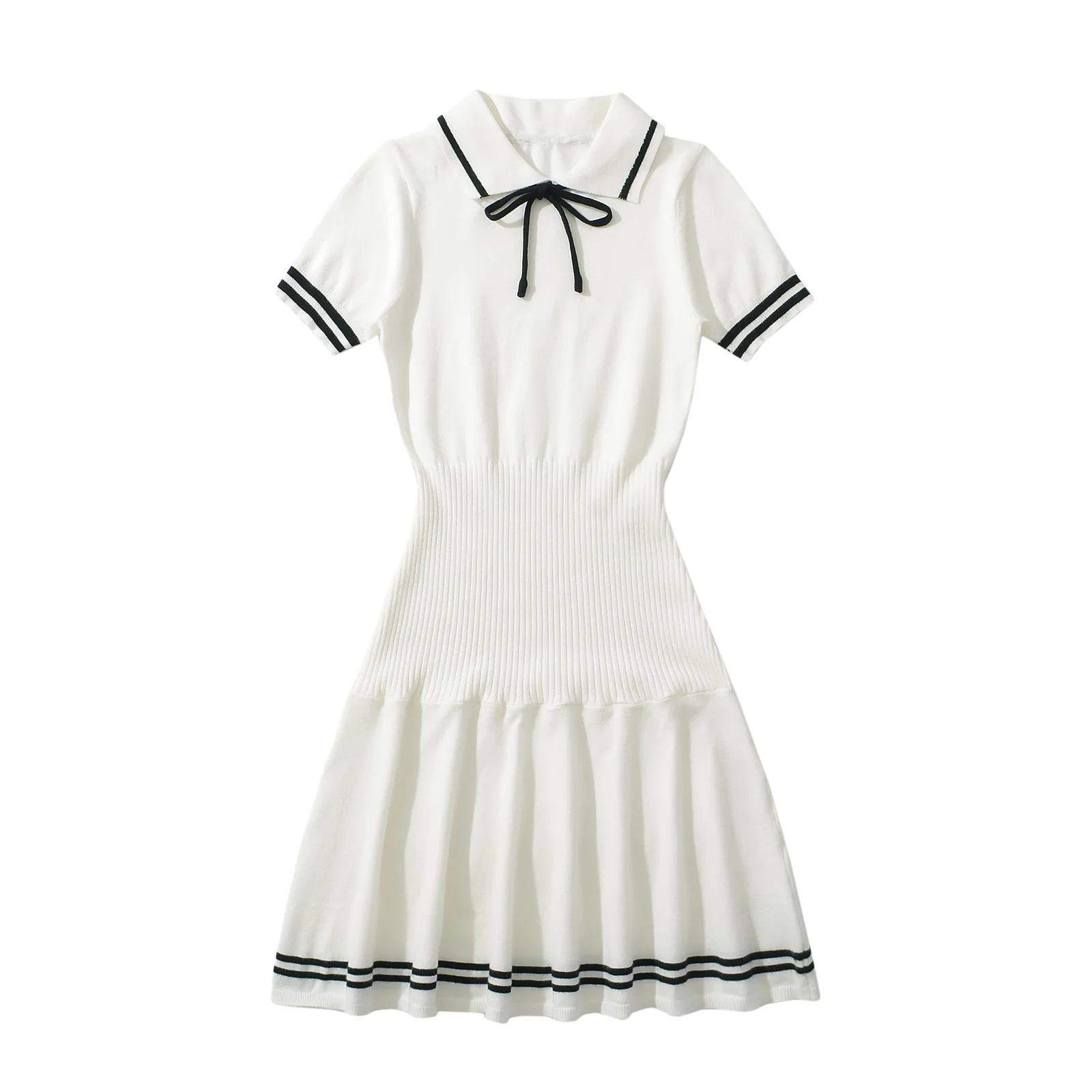 2024 Preppy Style Tie Bow Lapel Short Sleeve Knitted Dress Women Skinny Slim Fit Low Waist Hem Pleated A-lined Short Robe White