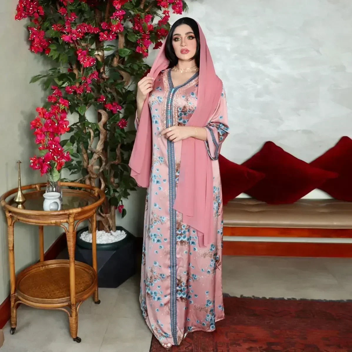 Floral Print Muslim Abaya Pink Dress Pink Hot Diamond V-neck Kebaya for Women Hijab Veil Set Islamic Djellaba Gown Robe Musulman