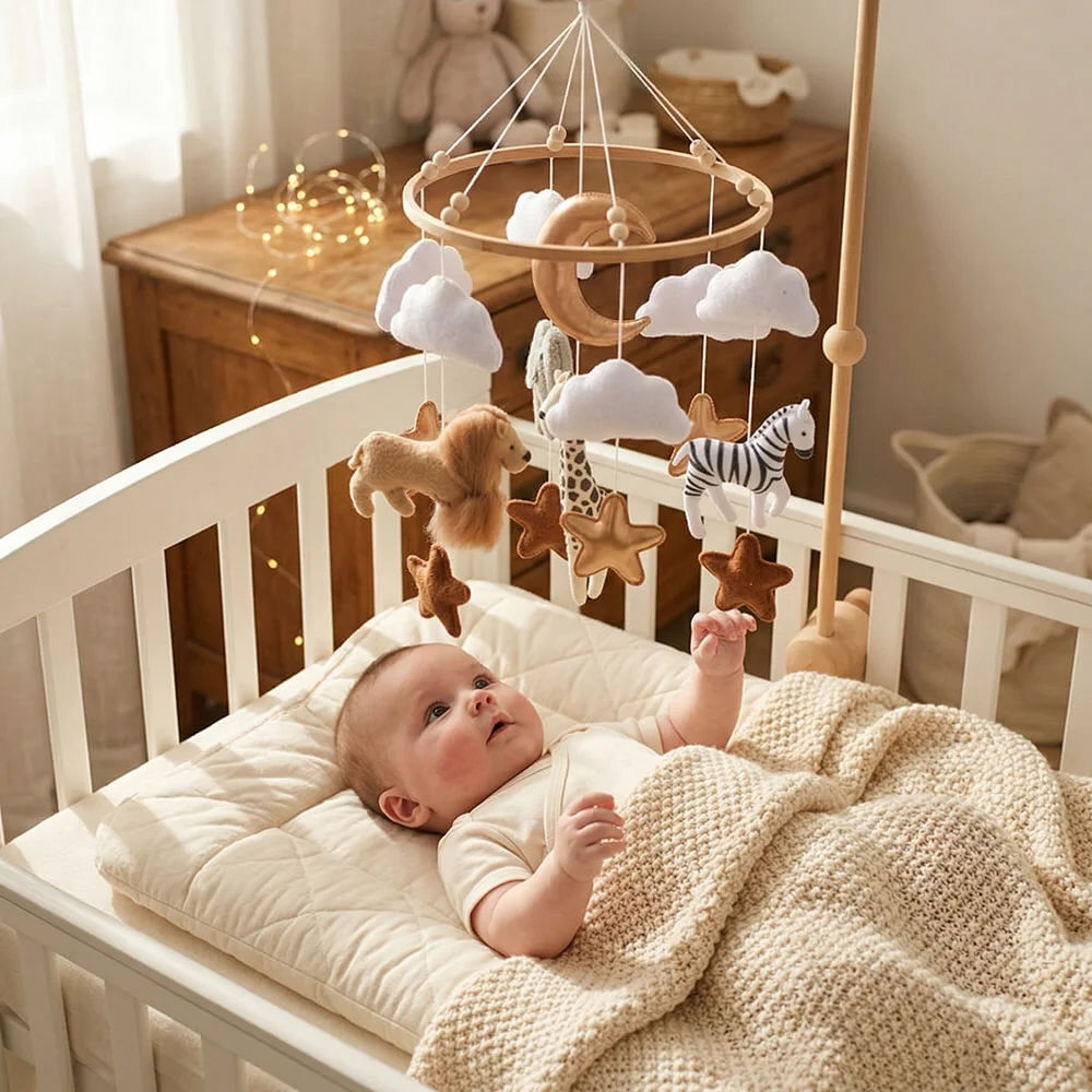 Wooden Crib Mobile Baby Bed Bell Rattle Toy Soft Felt Animal Kingdom Mobile bracket Newborn Music Box Bed Bell Bracket Toy Gift