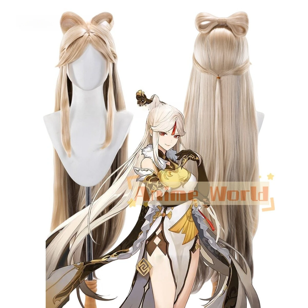 Anime Ningguang Wig Halloween Carnival Party Props Synthetic Hair Heat Resistant Fiber + Wig Cap