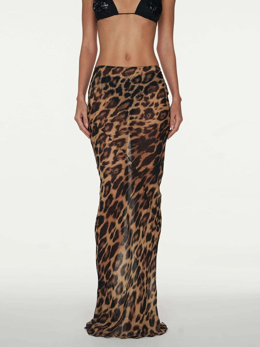 Women Leopard Print Sheer Skirts Summer Y2k See Through Bodycon Pencil long Skirt Beach Cheetah Maxi Skirts Clubwear