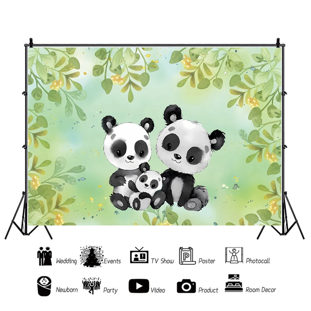 Cute Cartoon Panda Backdrop Bamboo Flower Panda Theme BirthdayParty Baby Shower Decor Photography Background Banner Photo Custom