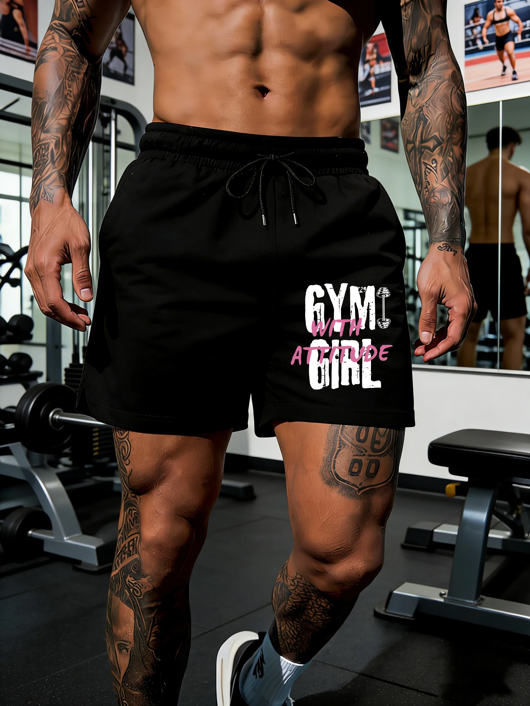 

Gym Girl With Attitude Print Men'S Shorts Elasticity Summer Short Pants Wide Leg Swimming Trunks Loose Drawstring Streetwear
