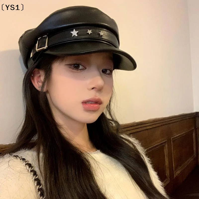 〔YS1〕Boina Vintage con Remaches Estilo Harajuku Y2K, Gorra Gótica Lolita de Cuero Negro, Gorra Plana Tipo Newsboy, Boina Protectora Solar