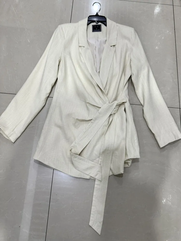 

Модный льняной костюм-джат с завязками спереди и воротником для профессиональных женщин, весна-осень 2023, Новое поступление, облегающий длинный костюм...