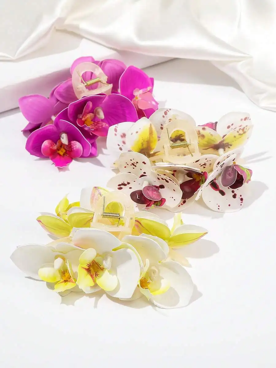 

Orchid Flower Hair Clip Transparent Claw For Women Fashion Summer Beach Accessory