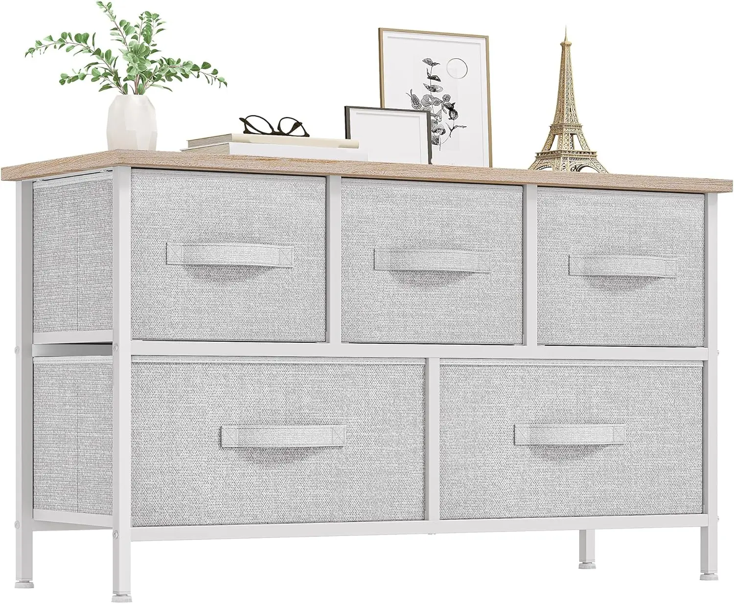 

Dresser with 5 Drawers - Fabric Storage Tower, Organizer Unit for Bedroom, Living Room, Closets - Sturdy Steel Frame, Wooden Top