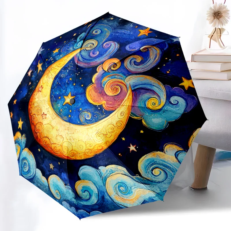 

1pc Automatic Open/Close Umbrella with Crescent Moon & Swirling Clouds - Van Gogh Starry Night Design, Auto Folding Compact Tr