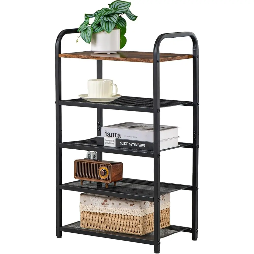 

5-Tier Shoe Rack, With Heavy-Duty Metal Grid, Rustic Wooden Top, & Metal Guardrails - Transform Your Space With Style And