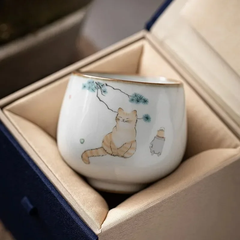Chinese Ru Kiln Ceramic Teacup Household Coffee Cup Cat Pattern Tea Bowl Handmade Tea Set Accessories Portable Master Cup