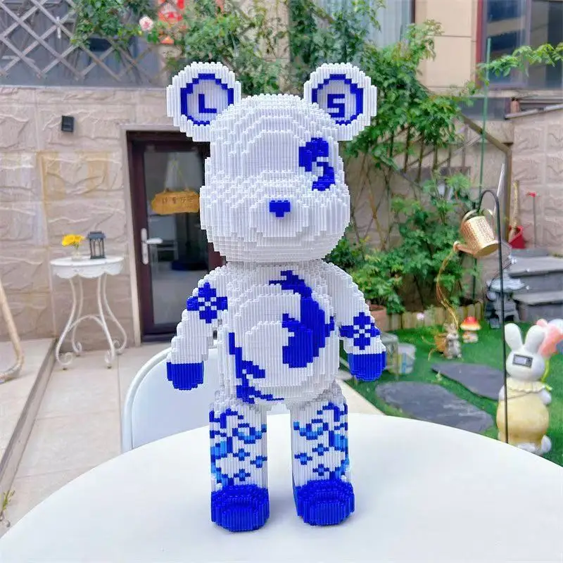 New Chinese Style Blue and White Porcelain Vase Pattern 3D Bear Model Building Block Small Particle Assembly Kids Puzzle Toy