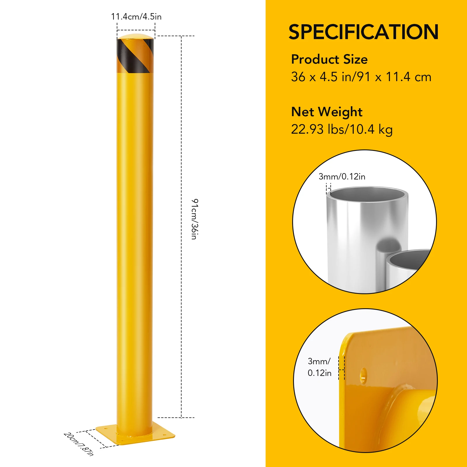 Poteau de sécurité en acier jaune avec 8 boulons d'injecteur, pour le contrôle de la circulation, barrière d'allée, poteau de stationnement, 4 paquets