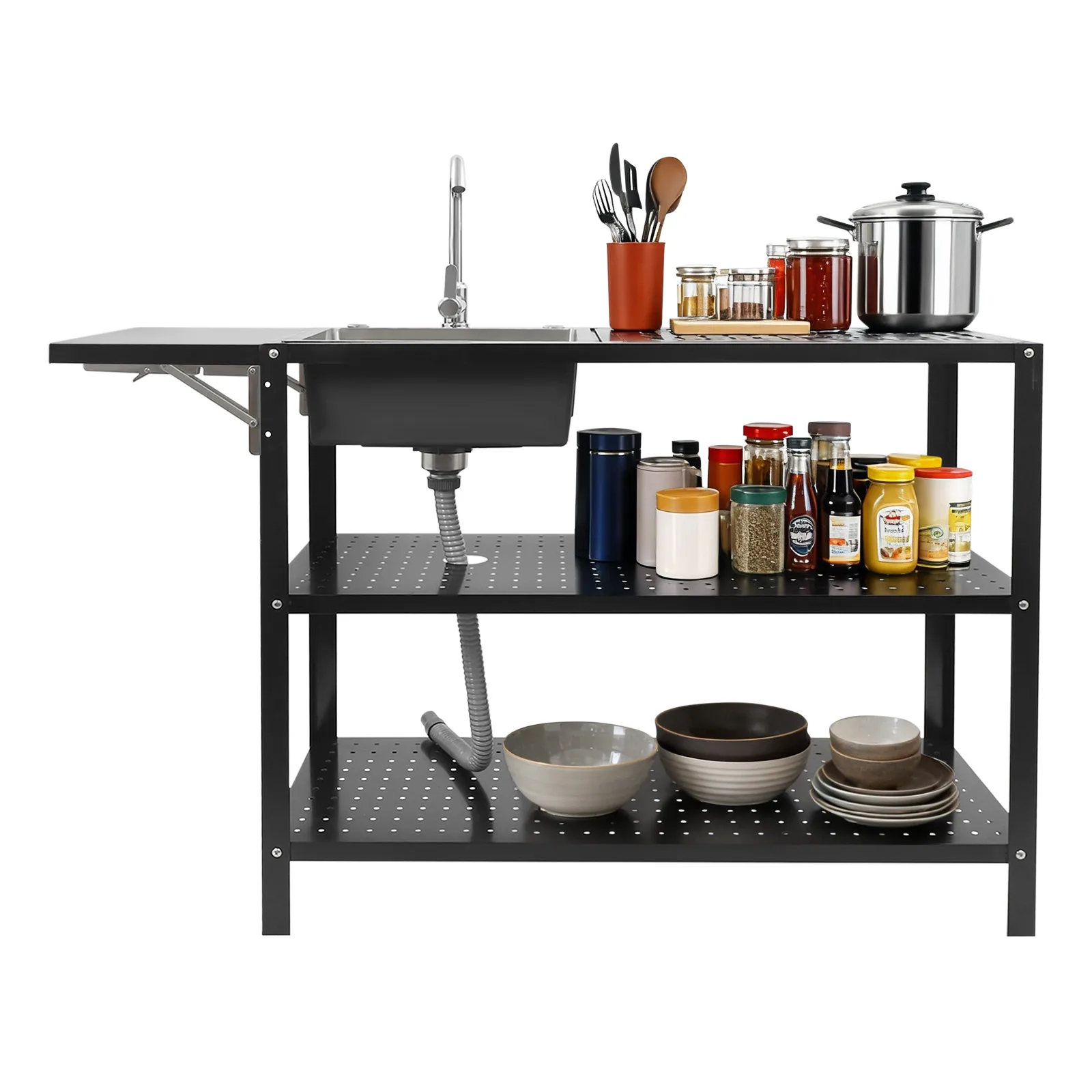 

Three Tiers Freestanding Kitchen Utility Sink, Laundry Sink with Side Foldable Table, Single Bowl Sink Efficient Drainage
