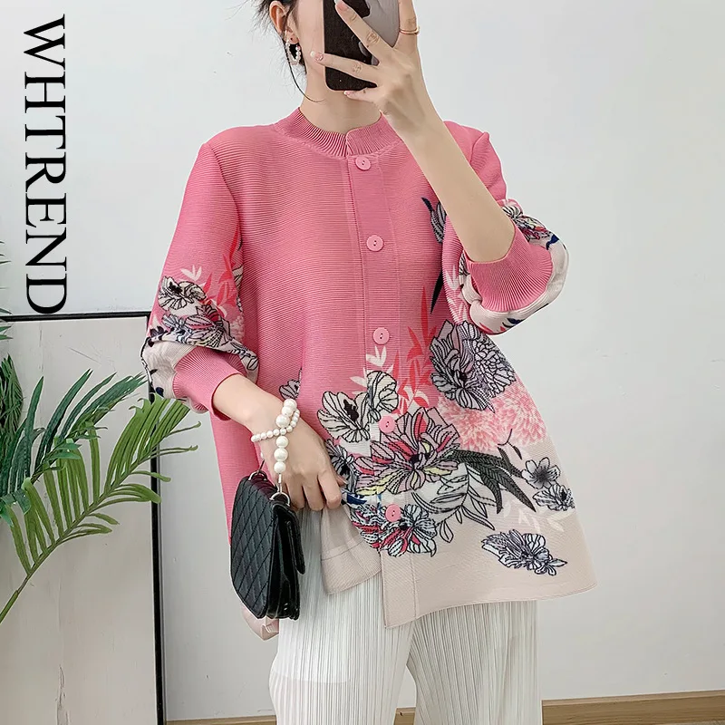 

WHTREND Chinese Style Pink Pleated Shirts For Women Large Size Loose Printing Jacket Female Elegant Top WH1157