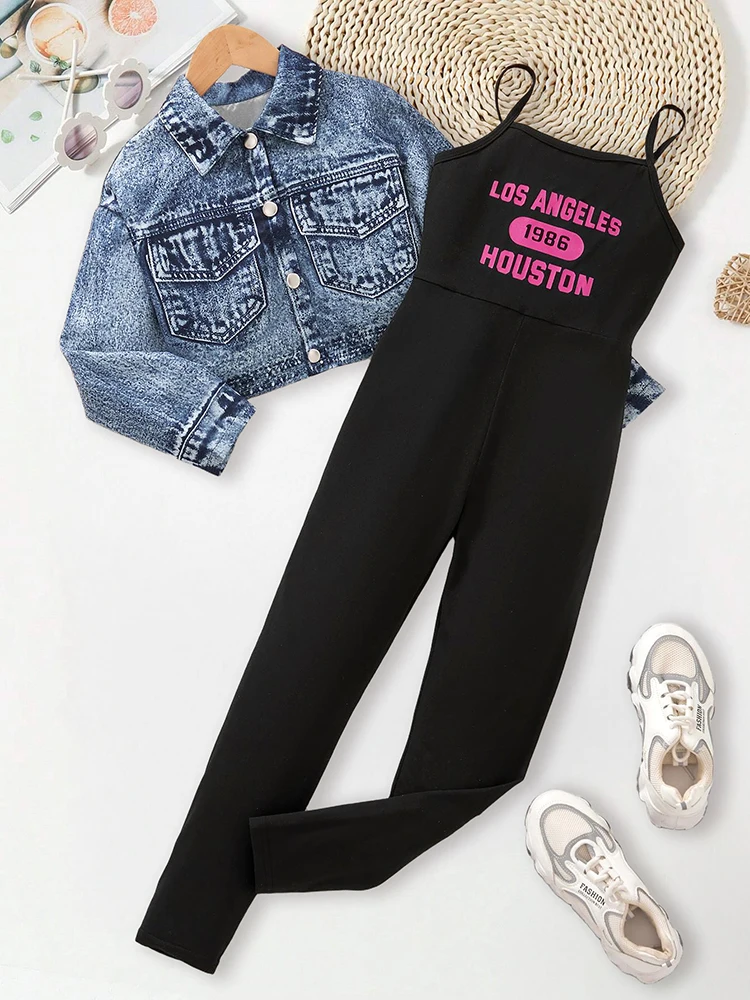 Autumn And Winter Girls' Daily Casual Sweet And Cute Casual Thin Jacket&Slim Fitting Jumpsuit Two-Piece Set