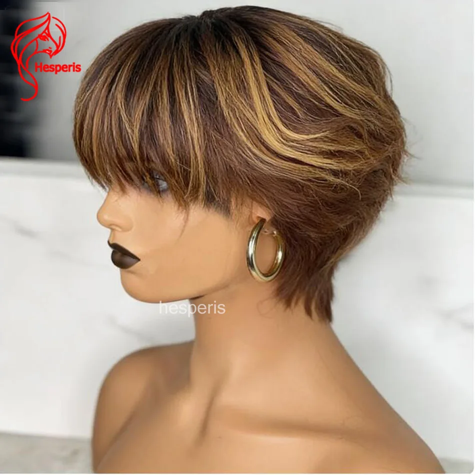 Hesperis Pixie Cut Wig With Bangs Brazilian Remy Short Human Hair Wig Blonde Highlight Scalp Top Full Machine Made Wigs