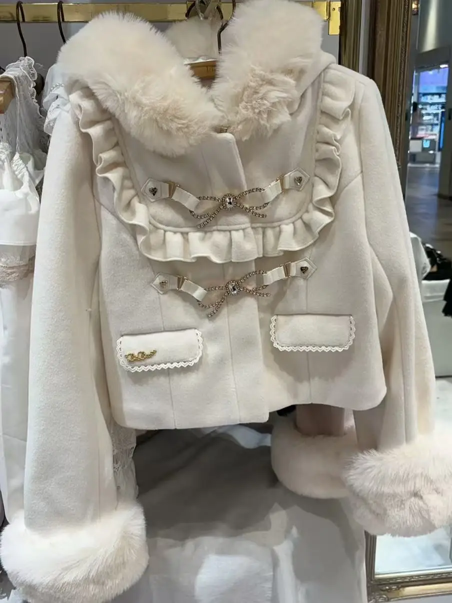 Jaket Wol Pendek Bergaya Lolita Jepang Musim Dingin 2025, Lucu dengan Pita, Jaket Berbulu Hangat Berkerudung untuk Wanita, Model Slim Fit Elegan