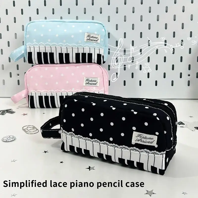 Cute Polka Dot Pencil Case With Piano Key Design Lace Trim Large Capacity For School Students Music Lovers Stationery