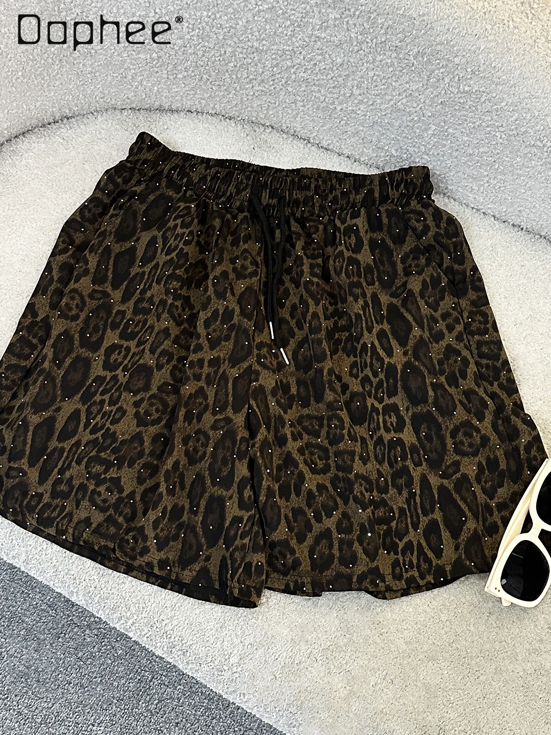 2025 Summer New Fashion Leopard Print Hot Diamond Short-sleeved T-shirt Outfits Loose Casual Top + Shorts Two-piece Set Women