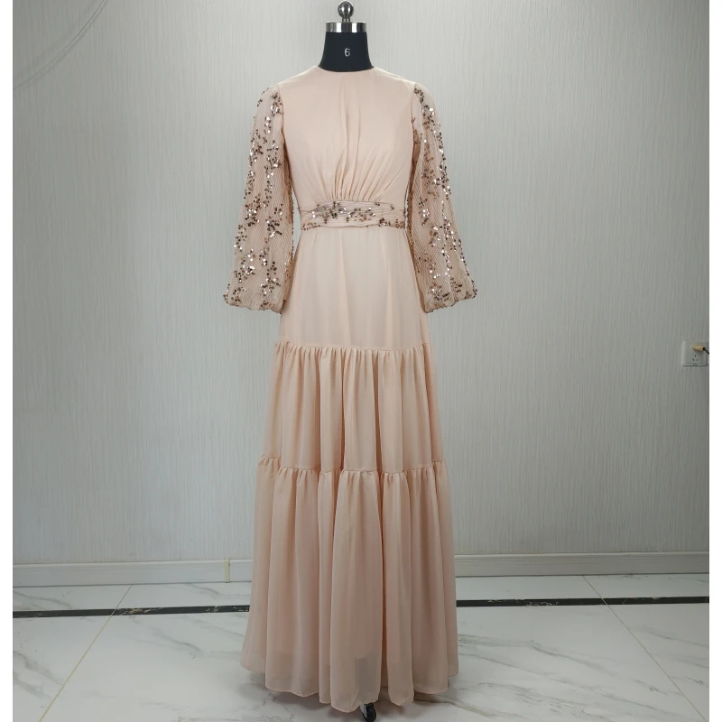 

Real Photo Customized Evening Dress Pink Chiffon Sequins Modest O-neck Full Sleeves Floor Length Plus size Party Formal Gowns