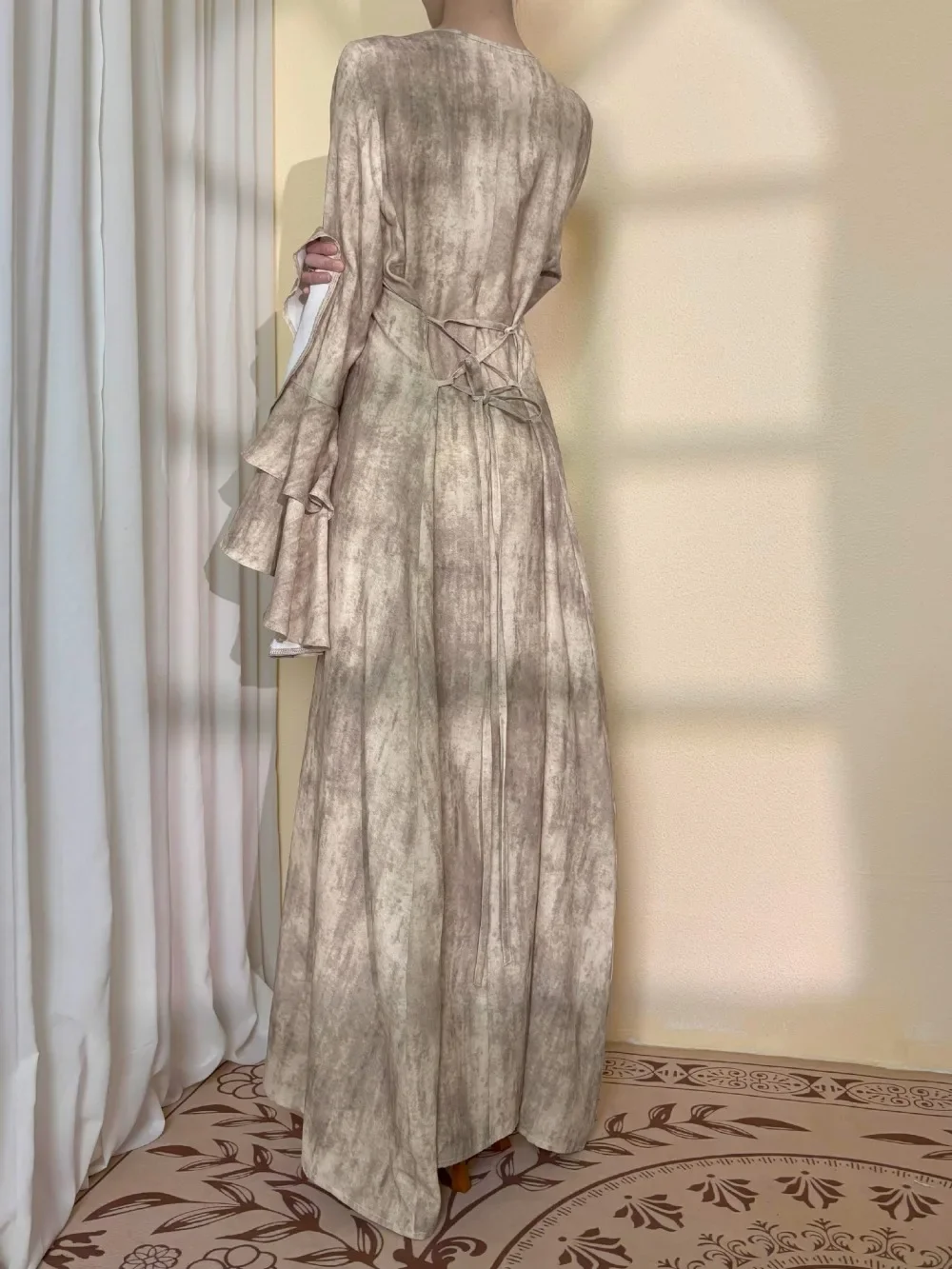 Eid vestido feminino muçulmano abaya manga dupla alargamento festa jalabiya ramadan vestidos longos bandagem vestidos largos árabe robe kaftan