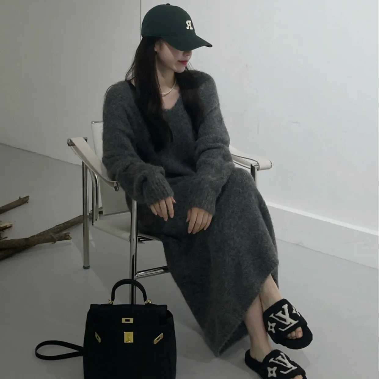 Vestido Suéter Hoado de Punto con Cuello en V para Mujer, Otoño Invierno, Moda, Estilo Retro, Versión Coreana, Largo por En...