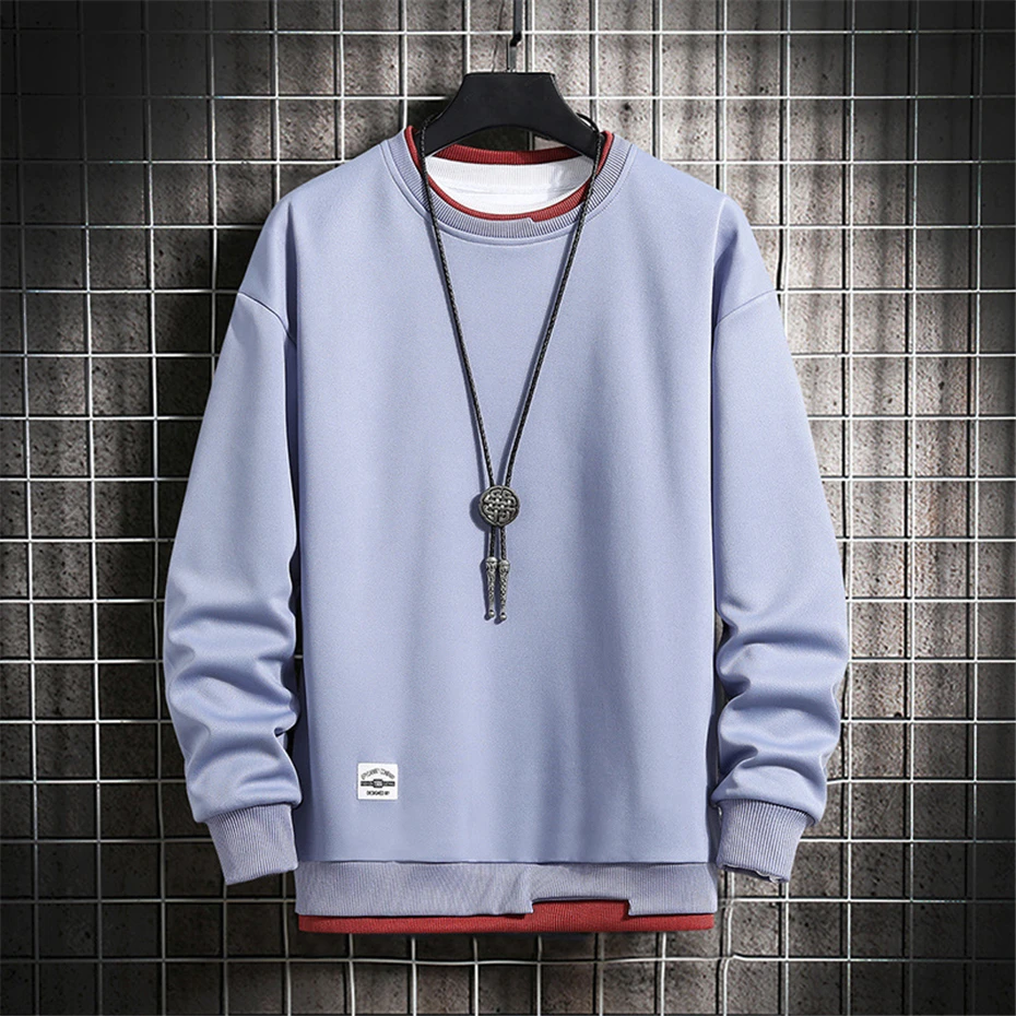 Spring Autumn Sweatshirts Men Solid Color Pullover Fashion Casual Sweatshirt Male Fake Two Pieces Fashion Design