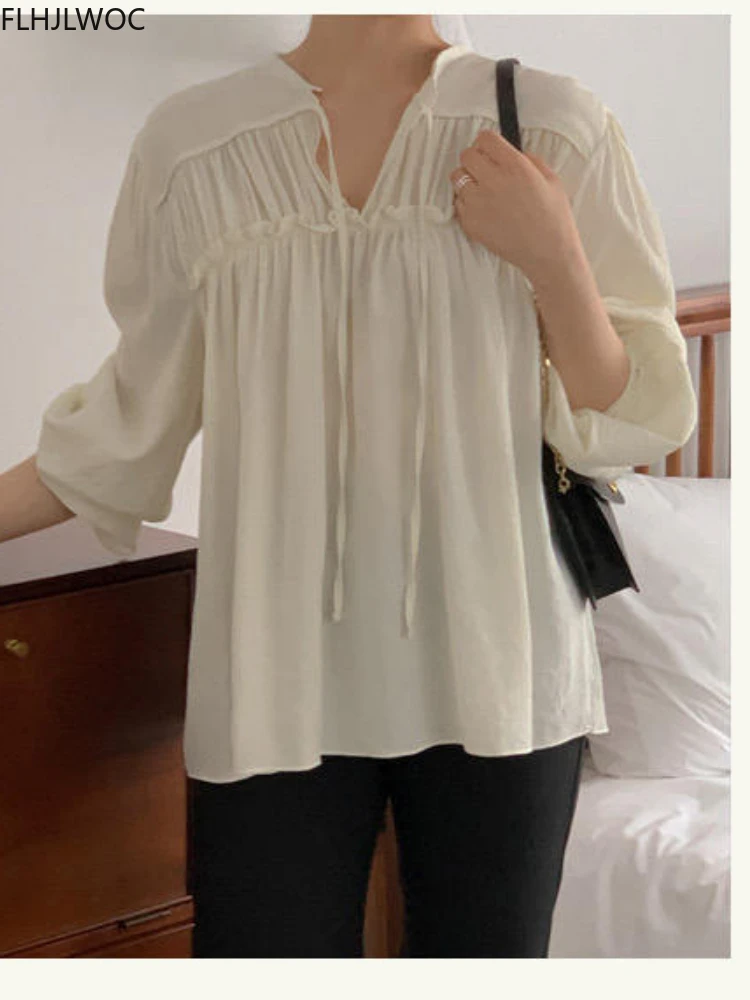 女性のためのレトロなベーシックブラウス,蝶ネクタイ付きトップ,クラシックな秋のシャツ,ヴィンテージ,無地,シック,白,韓国の服,2022コレクション