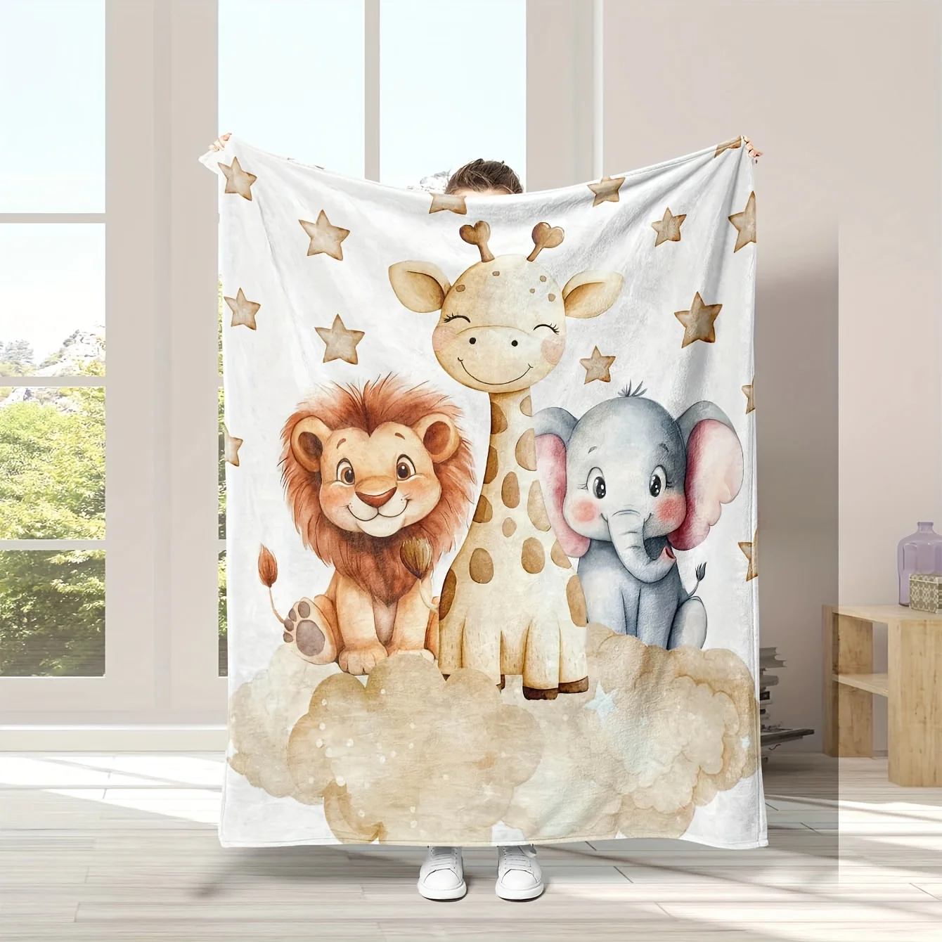 Custom Cartoon Animals Blanket Lion Giraffe Elephant Clouds Fleece Throw Kids Gift Soft Warm All Season Nursery Decor