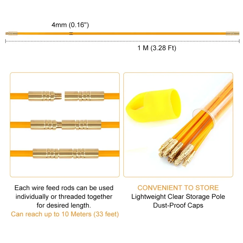유리 섬유 케이블 푸시 풀러 러닝 케이블 와이어 키트, 벽 전기 케이블 설치 로드, 와이어링 액세서리, 10 개, 33cm, 58cm, 1m