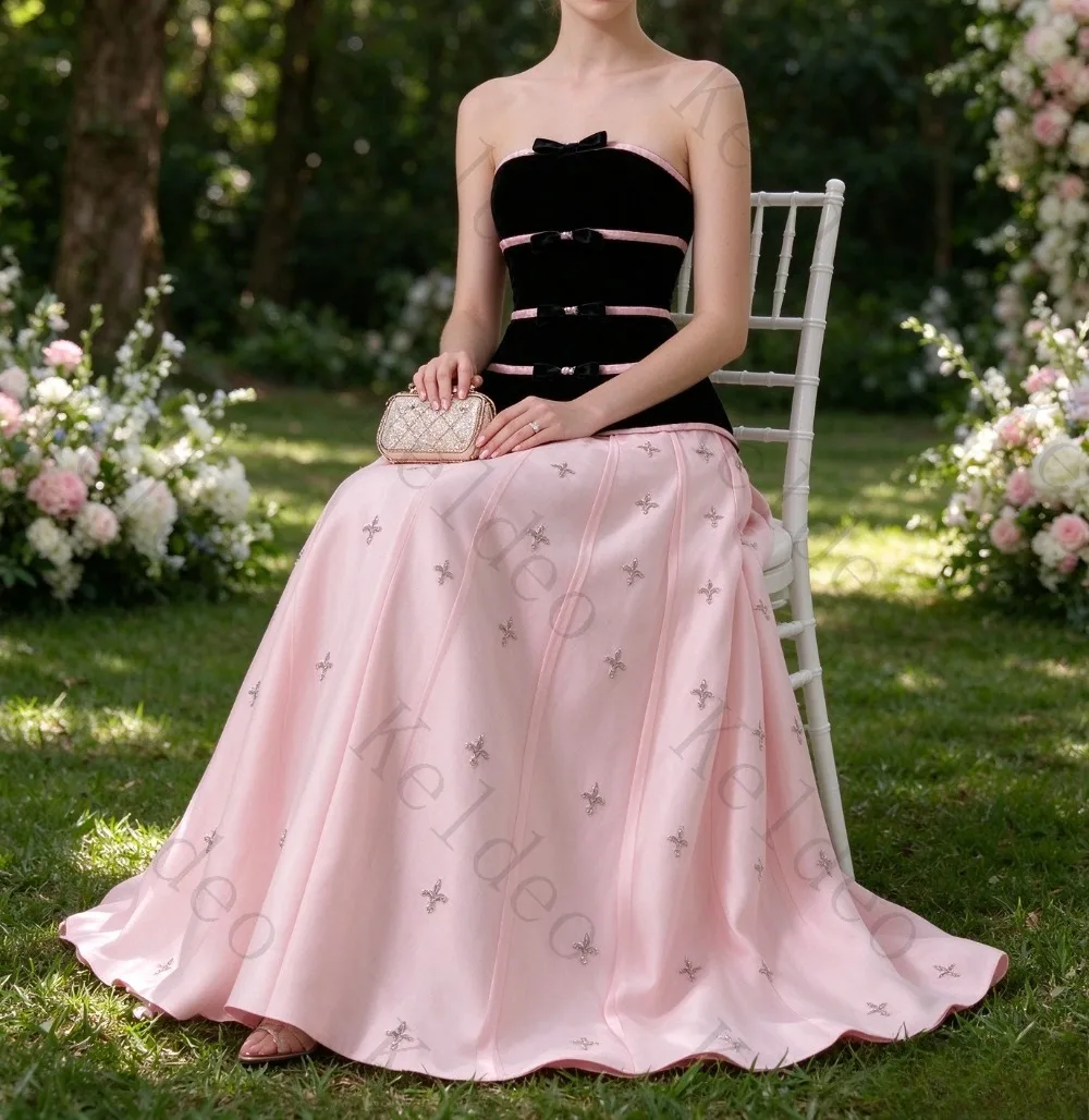 Customized Exquisite Strapless A-line Evening Gowns with Bow Crystal Beaded Contrasting Colors Pleats Floor Banquet Prom Dresses