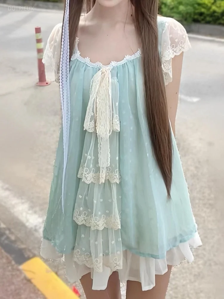 Sweet Two Pieces Set Y2k Aesthetic Lace Patchwork Bandage Summer Tops + Harajuku Grunge Women Solid Ruffled Mini Skirts Suit