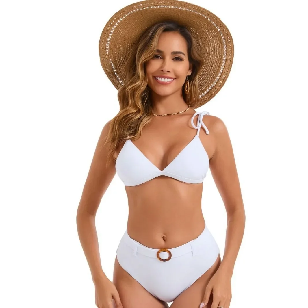 

Новый белый купальник из двух частей, женский купальник с поясом, пляжная одежда, купальные костюмы с высокой талией, бразильский комплект бикини, купальщица 2025