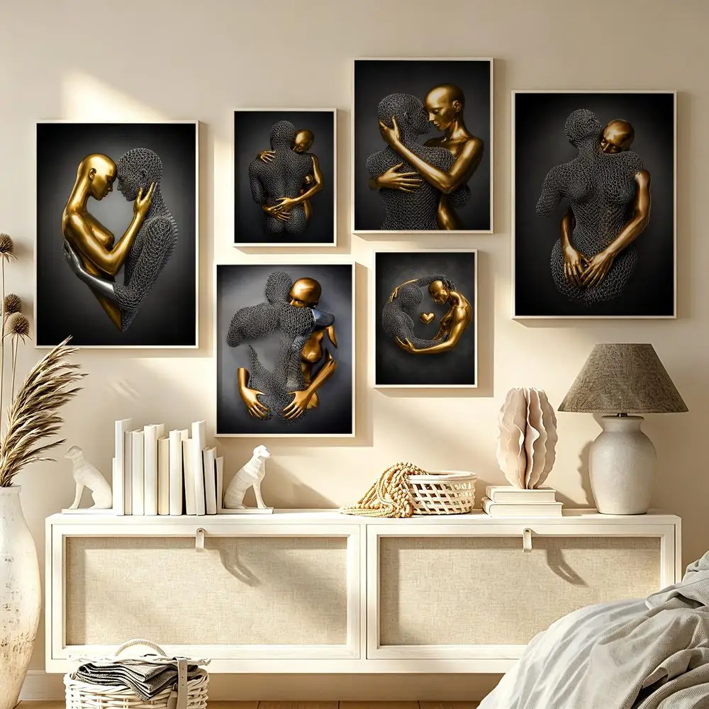 

Black Gold Statue Love Heart Figure Poster Home Living Bed Room Bar Hallway Sticky Wall Art Printing Waterproof Aesthetic Decor