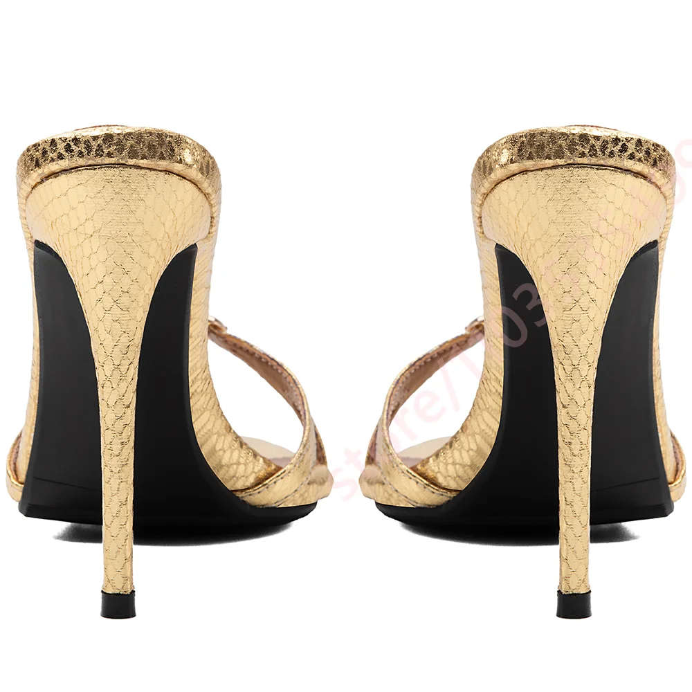 Women Gold Snake Print Mule Sandals 2026 Open Toe Metal Ring Buckle Thin Strap Slip‑On Stiletto Evening Party Dress Slipper Shoe