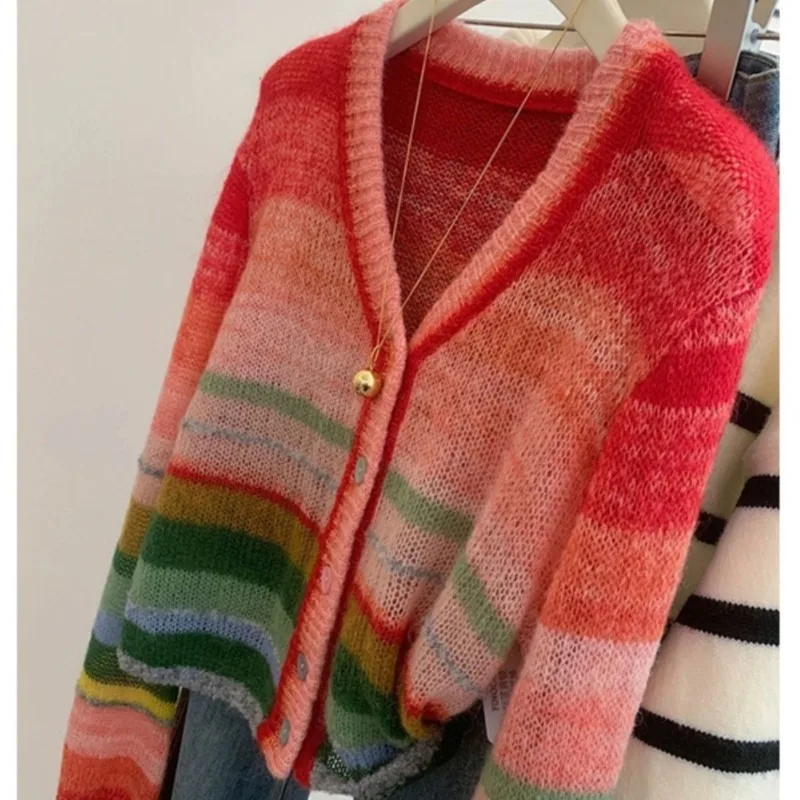 Women Trendy Rainbow Striped Patchwork Sweet Button Knitted Cardigan Y2K Female V Neck Long Sleeve Loose Chic Outerwears Sweater