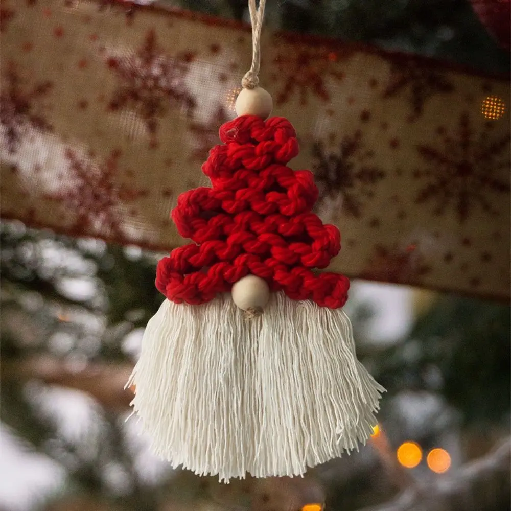 Boho Style Macrame Christmas Tree Tassel Pendant Santa Handmade Handwoven Christmas Tree Pendant Wall Hanging Decorative Window