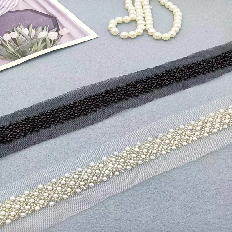 Netting Beaded Lace Trim with Hanging Pearl Beads Diamond-Shaped Rice Bead Long Woven Ribbon for DIY for Clothing Accessories