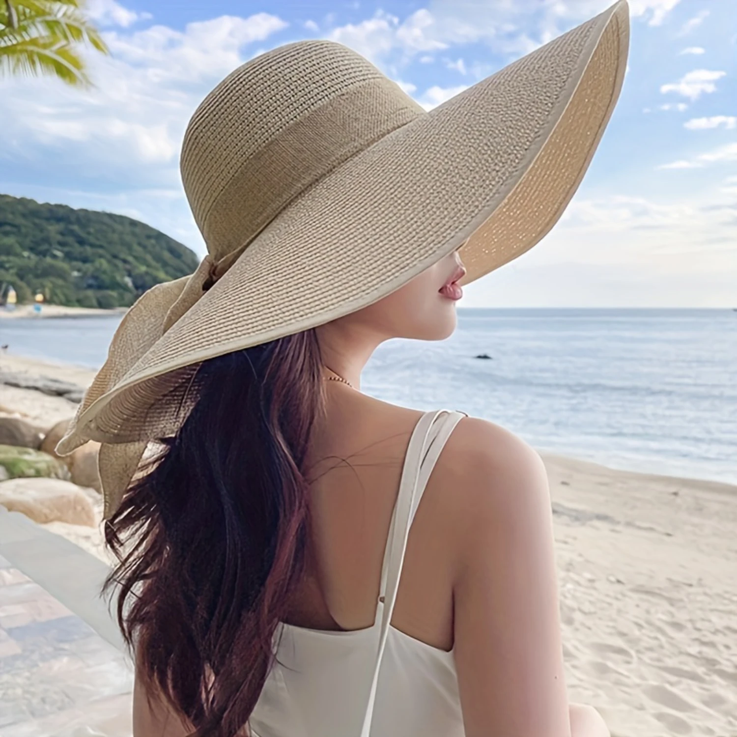 

Women's Wide Brim Straw Sun Hat, Foldable Summer UV Protection Beach Hats With Bowknot, Flexible Dome Hat For Outdoor Use